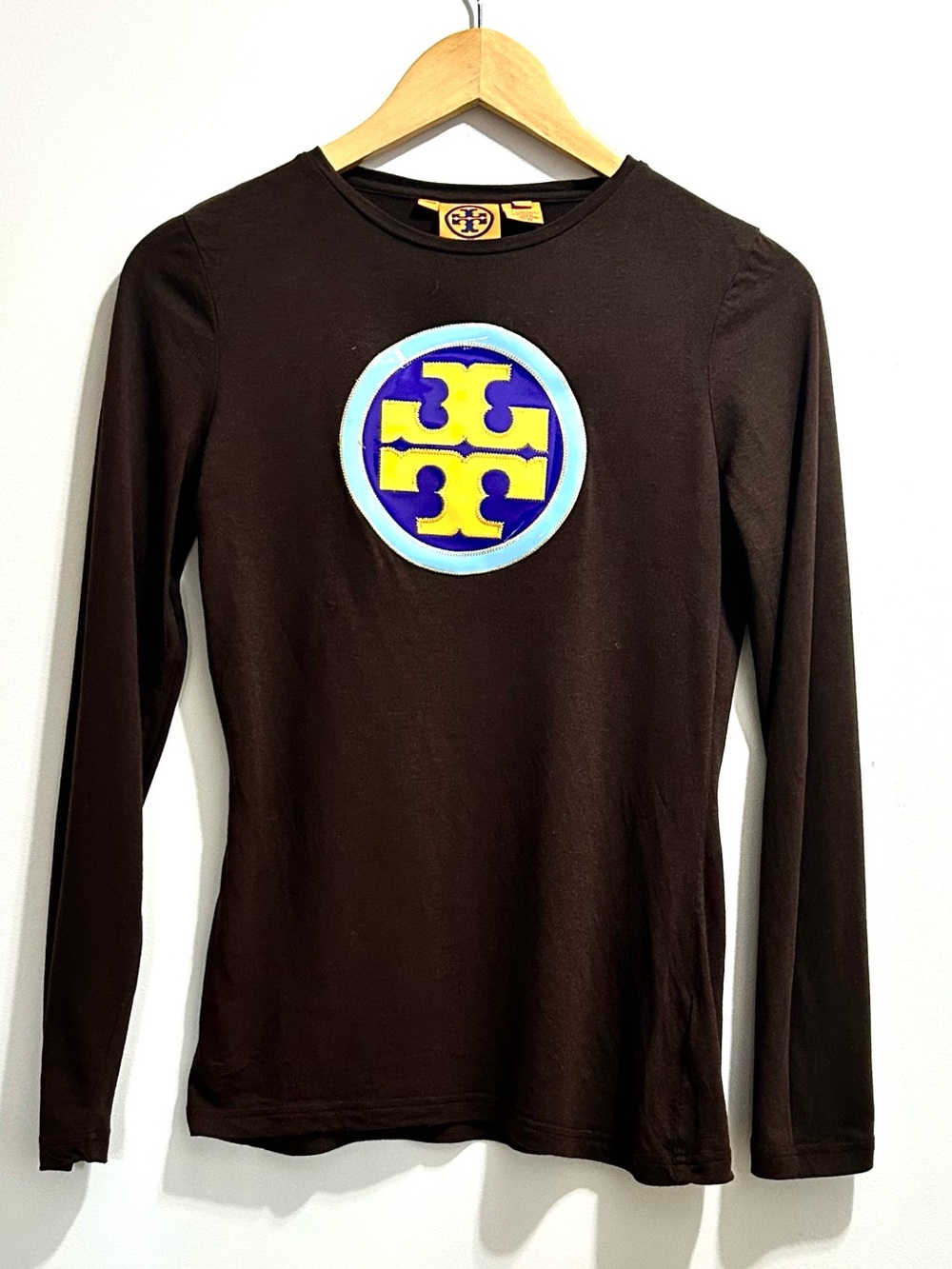 Tory Burch Brown Long-Sleeve Logo Shirt with Blue & Yellow Emblem